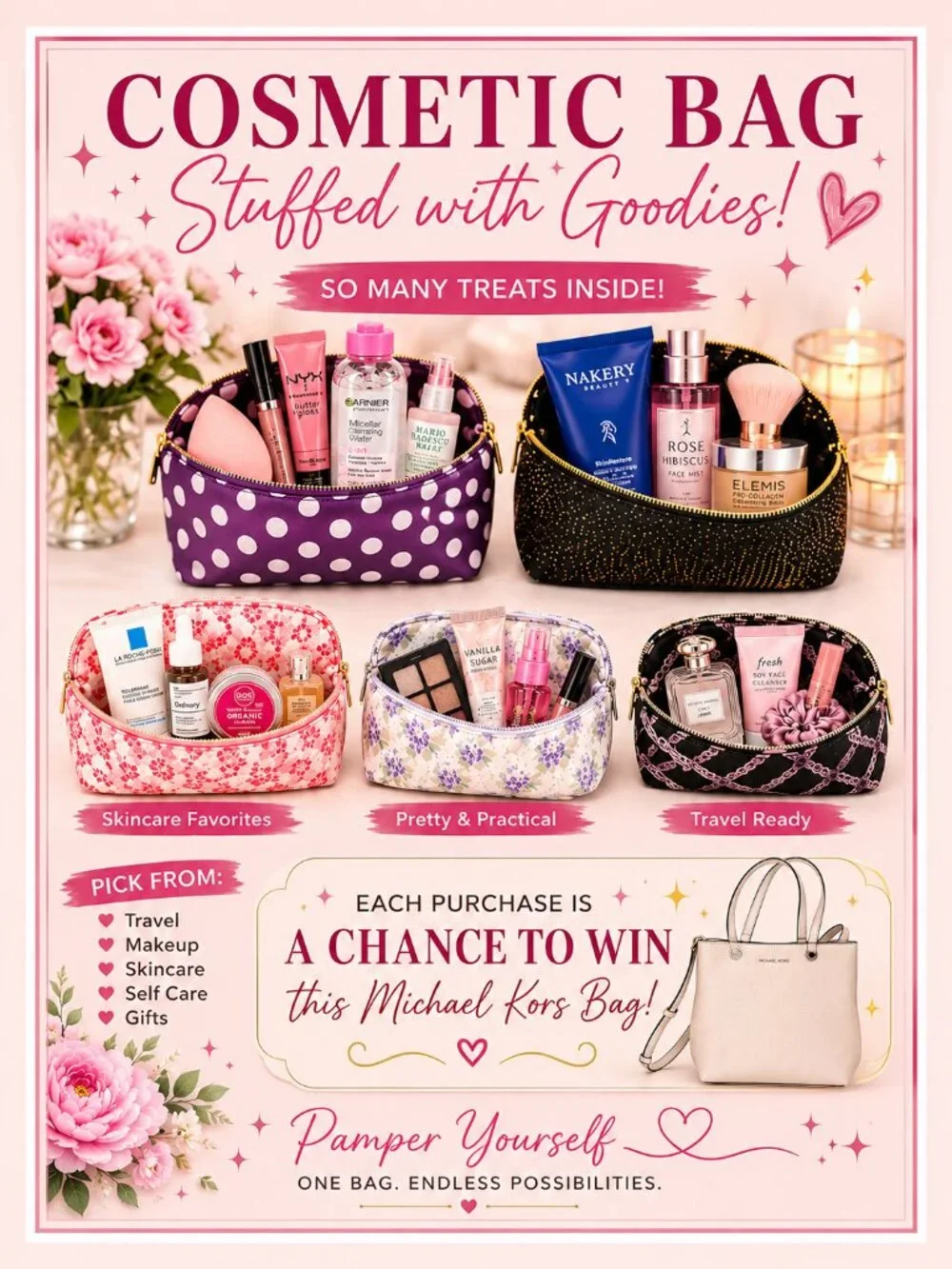 Cosmetic Bag Stuffed w/ Beauty Goodies + Chance to Win Michael Kors Bag